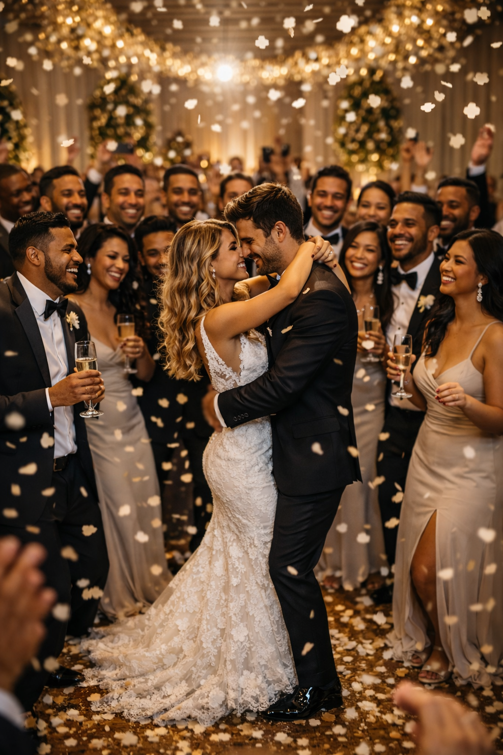 Bruidspaar omringd door gasten op de dansvloer
